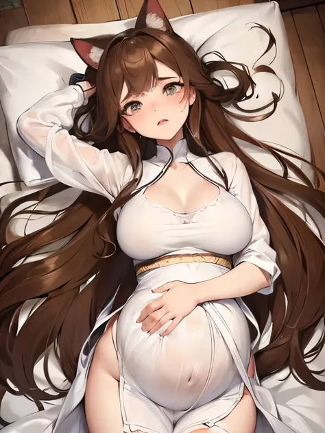 Girl, fox ears, fox tail, brown fur, long hair, wavy hair, brown hair, green eyes, comfortable clothes, soft clothes, pastel clothes, tall, lounging, pale skin, woman, very pregnant, huge baby bump, big baby bump, round baby bump, big pregnancy belly, comf...