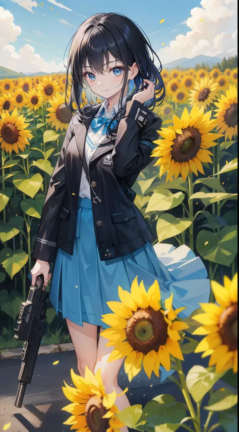 32k, 1girl, solo, looking at viewer, smile, bangs, blue eyes, skirt, black hair, long sleeves, holding, hair between eyes, closed mouth, jacket, weapon, flower, outdoors, sky, day, cloud, chibi, holding weapon, blurry, blue sky, blue skirt, gun, petals, de...