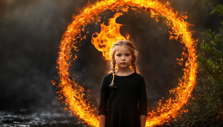 10 year old girl blonde Russian child , fechar para cima, retrato, com longos cabelos loiros, in a BLACK SWAN, The flames are burning in a circle shape, fogoso, icon with a halo of fire, Anel de fogo, bola de fogo, chama, um fogo laranja no fundo, homem, f...