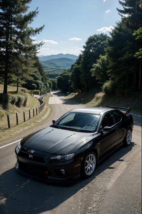 Image de l&#39;animé Initial D, with a car in a drift style manga. Elle glisse dans une route de montagne