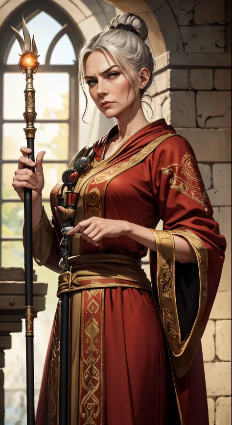 masterpiece, highest quality, RAW, analog style, a stunning photo of a (beautiful, slim, older woman), (graying hair bun), (red, traditional, conservative robes of a mage), (staff of a mage:1.4), (in the tower), (highly detailed skin, skin detailull body v...