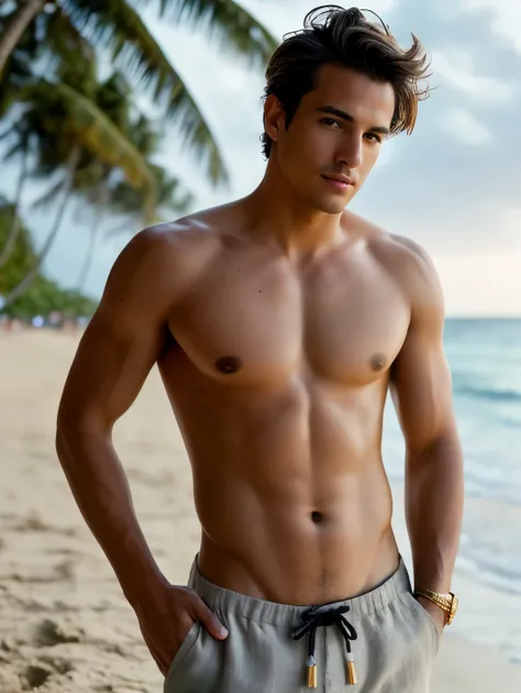 Photography in the style of Mario Testino of an insanely handsome Brazilian man, honey eyes, short messy light brown hair, flipping hair, closeup zoomed in tight crop portrait, walking down a (paradisiacal beach scene:1.2) wearing a (linen pants no shirt:1...