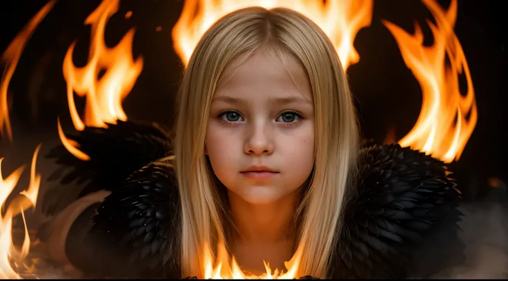 10 year old girl blonde Russian child , fechar para cima, retrato, com longos cabelos loiros, in a BLACK SWAN, The flames are burning in a circle shape, fogoso, icon with a halo of fire, Anel de fogo, bola de fogo,