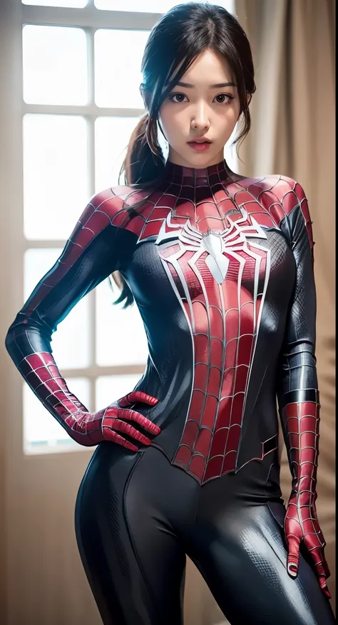 spiderman in a black and red leotard suit, ( ( spiderwoman ) ), spider woman, spiderwoman!!, poneytail、spiderwoman!!!!!, lara cr...