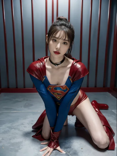 (supergirl)，Beautuful Women，Supergirl costumes，Breasts scared expression，(jail)，(prison)，(in a cage)，Crawling on all fours，crawling on hands and knees，Kneeling position，Posture with buttocks sticking out，((put out the tongue))，((Drooling))，Kamimei，(Chained...