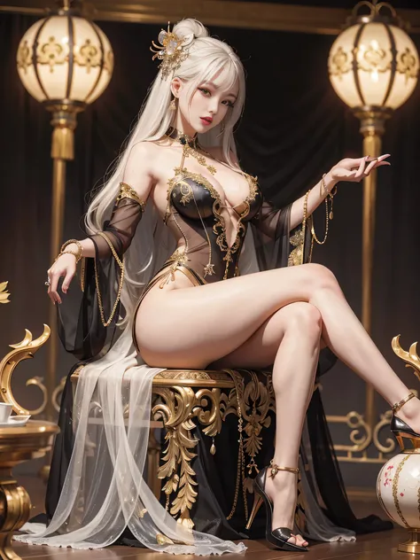 A photorealistic sexy and seductive Chinese woman，30 years old，large heavy breasts, (gloriously beautiful detailed face), Peach blossom eyes，Smoky makeup，Dark eyeshadow，Heavy makeup，white hair，Qi bangs long hair，(detailed face), jewelry，Bracelet，choker nec...