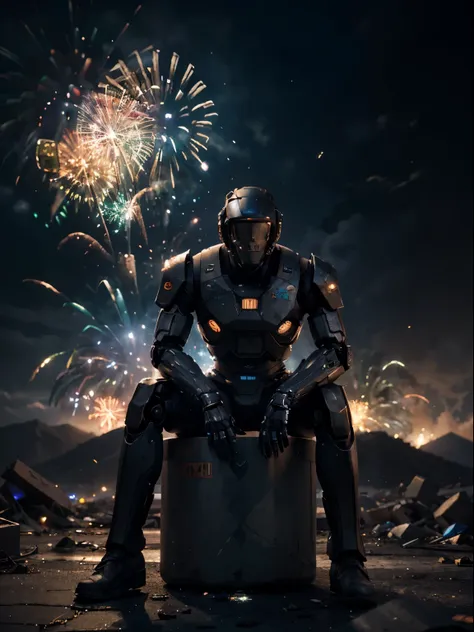 (Masterpiece), (Cinematic artwork:1.3) of a robot sitting on a pile of debris watching to the sky, the robot has glowing technological eyes,a rusty rand destryoed robot with humanoid body, full body, alone, (a robot:1), cyborg , looking up, its body seems ...