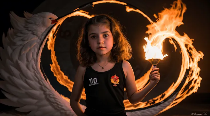 Menina loira de 10 anos, Russian child , fechar para cima, retrato, com longos cabelos loiros, em um CISNE NEGRO, The flames are burning in a circle shape, a, NUCLEAR QUIMICAL