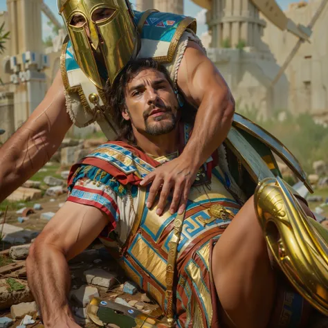 Highly detailed RAW photo, there is a man laying on the ground with a helmet on, greek myth digital painting, album art, painting of goliath, award - winning epic painting, by John La Gatta, alexander, mark brooks detailed, by Artur Tarnowski, greek amazon...