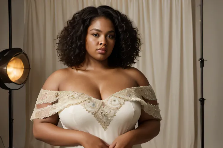 “In a well-lit photo studio, um impressionante modelo plus size se destaca. She is a chubby black woman, tamanho XL, exibindo orgulhosamente suas curvas. Your eyes shine with confidence and determination, reflecting the soft studio light. She is dressed in...