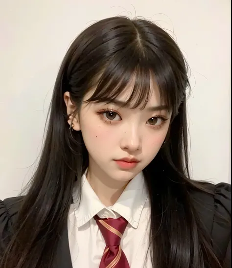 hay una mujer de pelo largo con corbata y traje, she has black hair con flequillo, ulzzang, El Corte Hime, neat hair con flequillo, Cabello negro Hime cortado, con flequillo completo, Peinado blanco de corte hime, con flequillo, cruel korean goth girl, Kim...