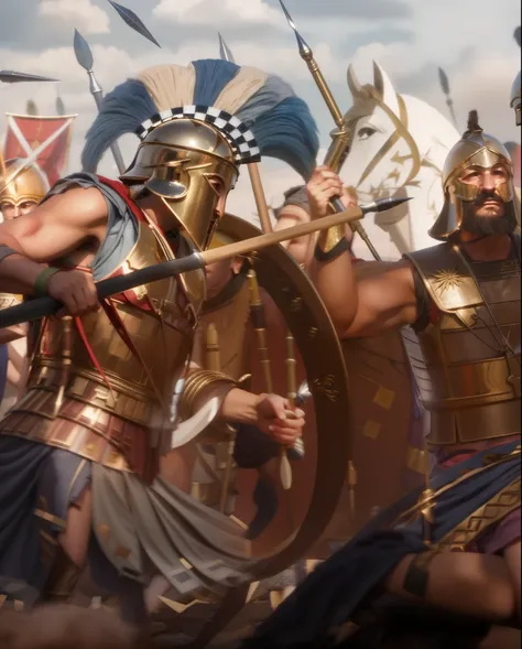 there are many men wearing helmet and linothorax in the RAW photo are holding spears and shields, leading spartans into battle, trojan war, age of empires, a RAW photo, epic battlescene, 1 2 0 0 , in battle, distant battle of cannae 216 bce, ancient battle...