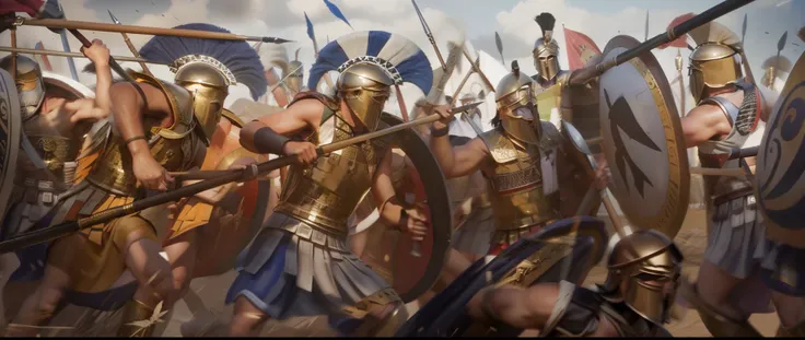 there are many men wearing helmet and linothorax in the raw photo are holding spears and shields, leading spartans into battle, ...