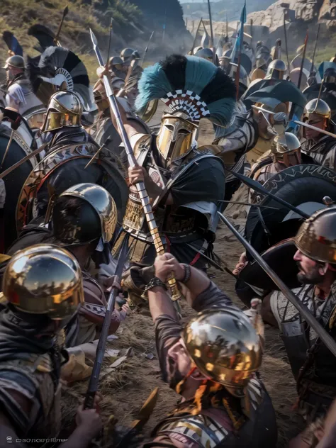 high quality raw photo of a group of soldiers wearing helmets and linothorax with spears and shields, epic battlescene, in battl...