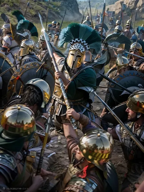 High quality RAW photo of a group of soldiers wearing helmets and linothorax with spears and shields, epic battlescene, in battle, leading spartans into battle, epic battle scene, heroic battle scene, RAW photo, promo RAW photo, RAW photo, RAW photograph, ...