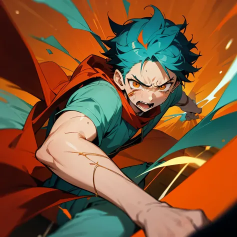 1 boy, Turquoise hair, orange eyes, red cloth, handsome, 15 years old kid, orange eye liner, mad, angry, light power, crying, injured in his head