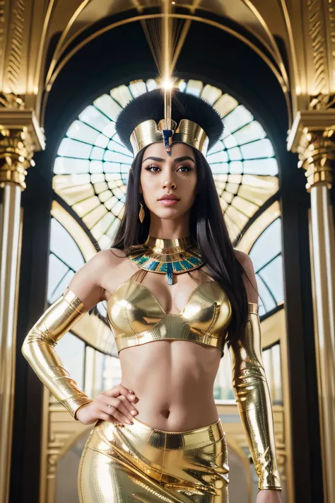 Nefertiti, egyptian  queen, olhos verdes claros, olhos brilhantes, cabelo preto brilhante, cabelos longos, Descansando em uma almofada, vestido dourado, vestido brilhante, Egyptian palace, ornamentos dourados, olhar de orgulho, ponto de vista inferior, Fla...