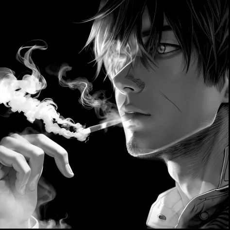 anime, a man smoking a cigarette in a dark room, black and white manga style, he is smoking a cigarette, gendo ikari smoking a joint, by Eizan Kikukawa, dramatic smoking pose, kaneki ken, manga style of kentaro miura, thick smoke around him, by Kentaro Miu...