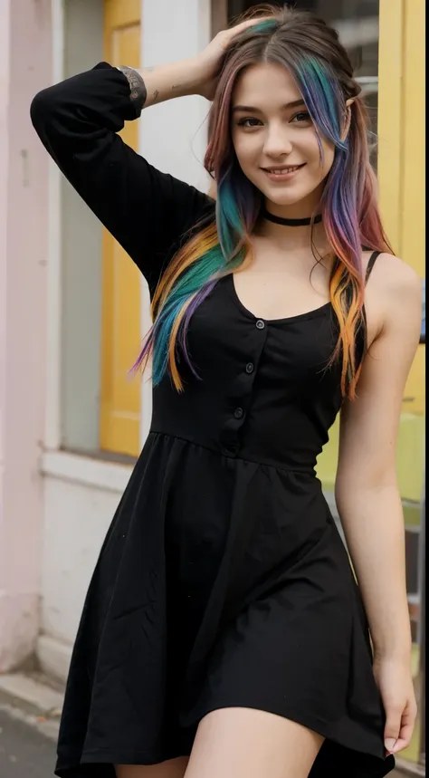 A 20-year-old girl with very vibrant rainbow colored hair, wearing a black dress with vibrant rainbow colored highlights, looking happy