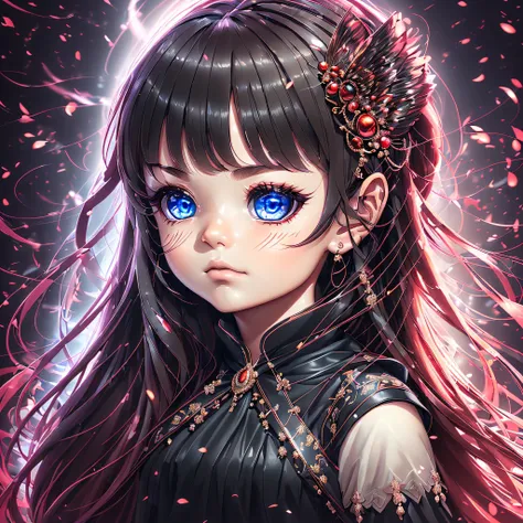 ((独奏)), portraite of a, a closeup of a, Wide angle, foto realista, 真实感, Ultra Quality 16K, Goth girl with baby body, Vampire Princess, ((child face)), Beautiful baby face, bouffant hairstyle with ponytail, black  hair, red strands of hair, Bright eye makeu...