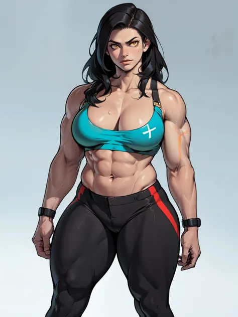 girl solo standing (((muscular girl toned body large breasts thick perfect anatomy))) yellow eyes black hair pale skin best quality