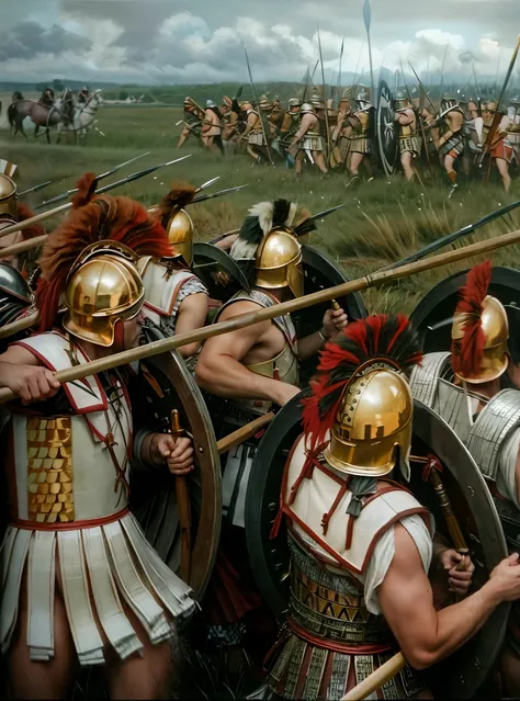 Highly detailed RAW photo of many men in helmets and linothorax are holding spears and shields, by Artur Tarnowski, leading spartans into battle, distant battle of cannae 216 bce, ancient battlefield, heroic battle RAW photo, by Roman Bezpalkiv, 4 0 0 , ba...