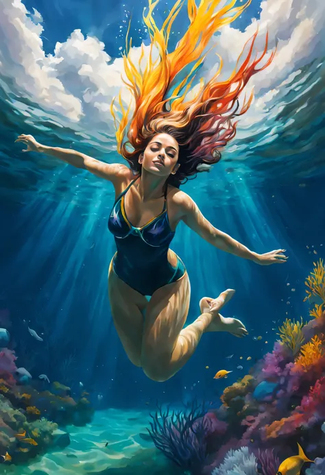 A beautiful woman dives into the water and we see clouds of color all around her underwater. Its detailed and beautiful. Very textured