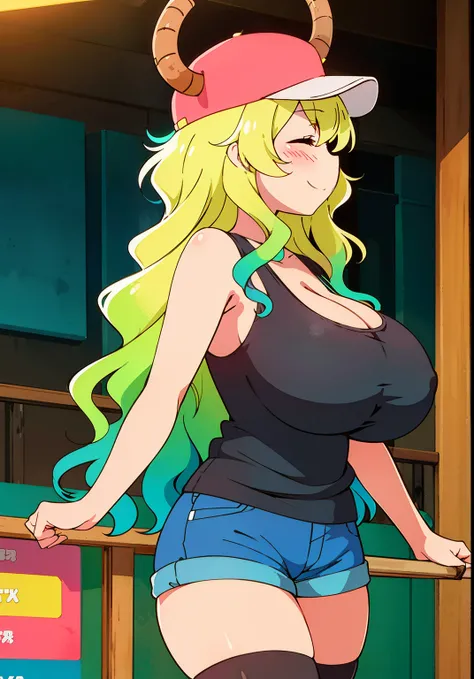 best quality, high resolution, from front, 1girl, smile, (huge breasts:1.2), lucoa, HORNS THROUGH HEADWEAR, closed eyes, HAT, SHORTS, LONG HAIR, MULTICOLORED HAIR, SMILE, BLACK THIGHHIGHS, TANK TOP, BASEBALL CAP, GREEN HAIR, BLONDE HAIR, DRAGON HORNS, DRAG...