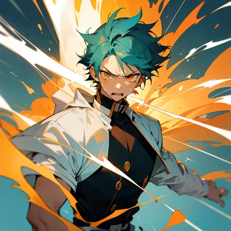 1 boy, Turquoise hair, orange eyes, white cloth, handsome, 15 years old kid, wearing uniform, orange eye liner, mad, angry, light power, crying