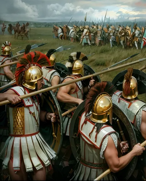 Highly detailed RAW photo of many men in helmets and linothorax are holding spears and shields, by Artur Tarnowski, leading spartans into battle, distant battle of cannae 216 bce, ancient battlefield, heroic battle RAW photo, by Roman Bezpalkiv, 4 0 0 , ba...