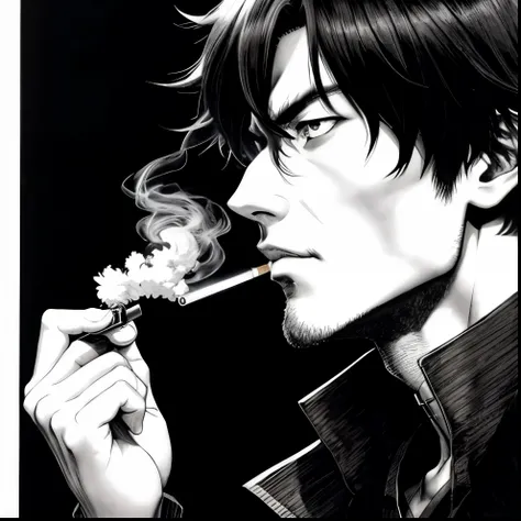 Manga Villain, anime, a man smoking a cigarette in a dark room, black and white manga style, he is smoking a cigarette, gendo ikari smoking a joint, by Eizan Kikukawa, dramatic smoking pose, kaneki ken, manga style of kentaro miura, thick smoke around him,...