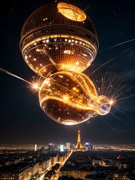 A gigantic spaceship that looks like a Christmas bauble flying over Paris. At night, winter, snowy city.