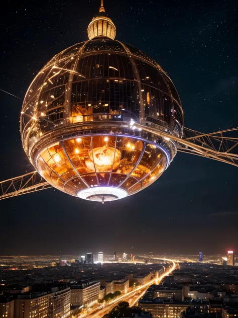 A gigantic spaceship that looks like a Christmas bauble flying over Paris. At night, winter, snowy city.