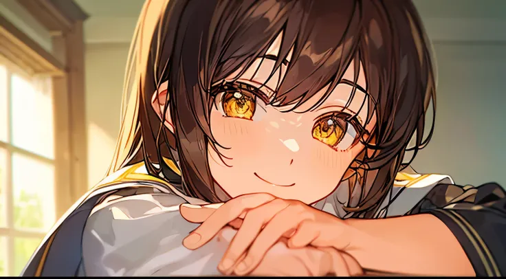 masterpiece, +++, top quality, soft light, portrait, medium length brown hair, bangs, hair between eyes,yellow eyes, wearing a sailor uniform, smiling, squinting eyes