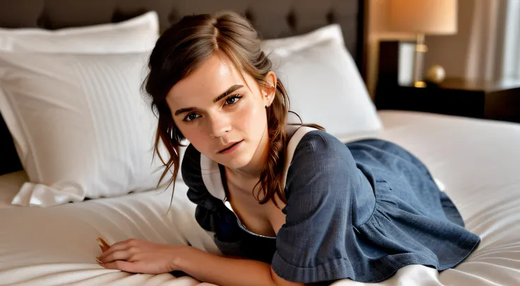 ((Emma Watson)) ((auf dem Bett)) ((Hausbesetzung)) Arafierte Frau in einem Jeanskleid und Socken posiert auf einem Bett, hot klein girl, hot klein, klein girl, lone klein female goddess, Mini-Jeansrock, beautiful alluring , Schlauch-Top-Kleid, of a schoolg...