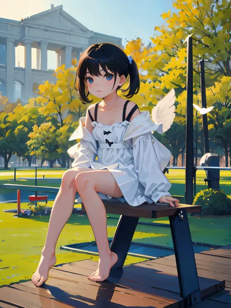 a park，seesaw，（​masterpiece，Highest Quality），child，(A dark-haired)，Delicate body