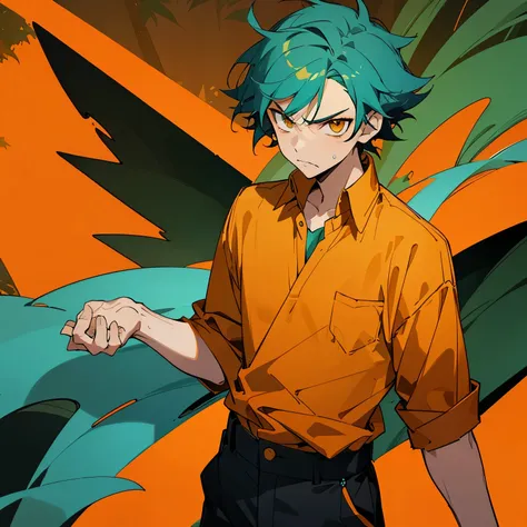 1 boy, turquoise hair, orange eyes,  green shirt, black pants, handsome, 15 years old kid, orange eye liner, annoyed, forest bac...