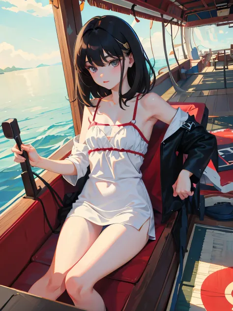 ride on a vinyl boat，(​masterpiece，Highest Quality），child，(A dark-haired)，Delicate body