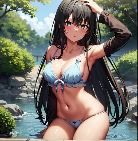 1 girl, alone, yukinoshita yukino, long hair, black hair, light blue eyes, medium chest, medium waist, wide hips, wide thighs, white nightgown, black lace panties, she wet, arms on top of head, raised nipple under nightgown, looking at viewers, outdoors, g...