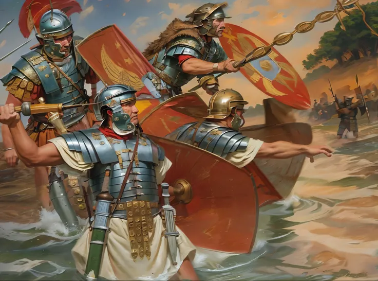 (RAW photo:1.0), there are many people in the water with scutum and lorica segementata, roman legionnaire, fall of rome, roman empire, inspired by Roman Bezpalkiv, traditional roman armor, leading spartans into battle, by Pogus Caesar, dressed in roman arm...