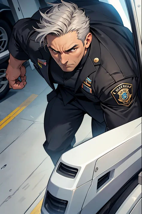 a photo of Cuvugar Trimes, looking at the camera, a human police investigator, male, middle-aged, with a robust and athletic appearance. He has short, gray hair, piercing brown eyes, and a determined look. His serious expression and striking features conve...