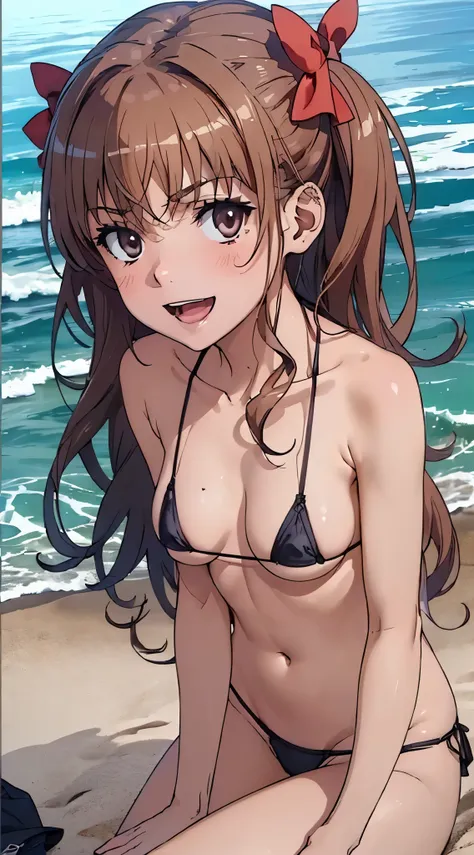 1womanl,,12year old,(((Black Micro Bikini)))((is standing))(((Blushing cheeks、Smile with open mouth)),(((Kuroko Shirai))),((( Portrait on the knee))),sand beach,Black Micro Bikini,(((small tits)))((Infant body type))