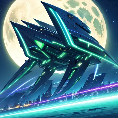 Huge futuristic spaceship with green lights, at night, moon in the sky, dark blue sky with stars, over a big futuristic city