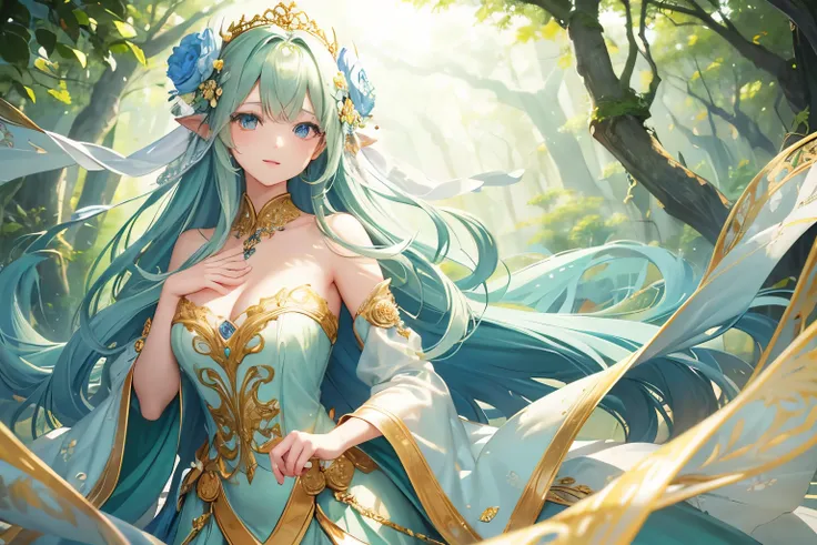 Beautiful yellow-green long hair style、absurderes、pretty green dress、Emphasis on the chest、Floral hair ornament、A very large and beautiful sapphire brooch、goddes、Deep and detailed eyes、Beautiful, delicate and detailed blue eyes、Very beautiful and delicatel...