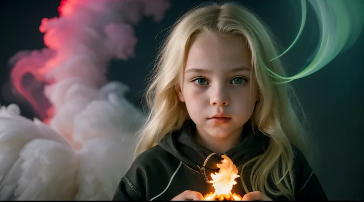 Menina loira de 10 anos, Russian child BLONDE , fechar para cima, retrato, com longos cabelos loiros, em um CISNE NEGRO, The flames are burning in a circle shape, a, NUCLEAR QUIMICAL NUCLEAR, green smoke, SMOKE GREEN SMOKE. LIGHTNING THUNDERBOLT,