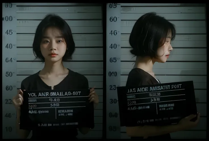 a young and pretty korean girl cries as her jail mugshots are taken. two images side by side. very pretty young model  girl. tea...