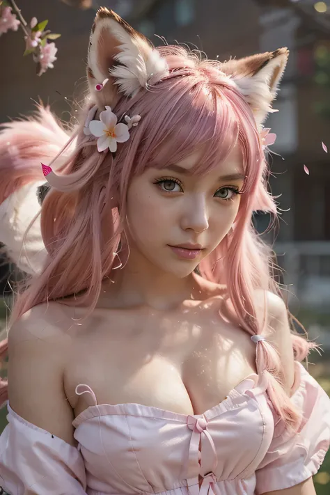 Nine snow-white fox tails (1.0), milky fox tail (1.0), fox close-up of nine tails, nine-tails, nine-tails, anime girl with pink hair and pink dress with flowers on her hair, very beautiful anime fox girl, beautiful anime fox girl, beautiful fantasy anime, ...