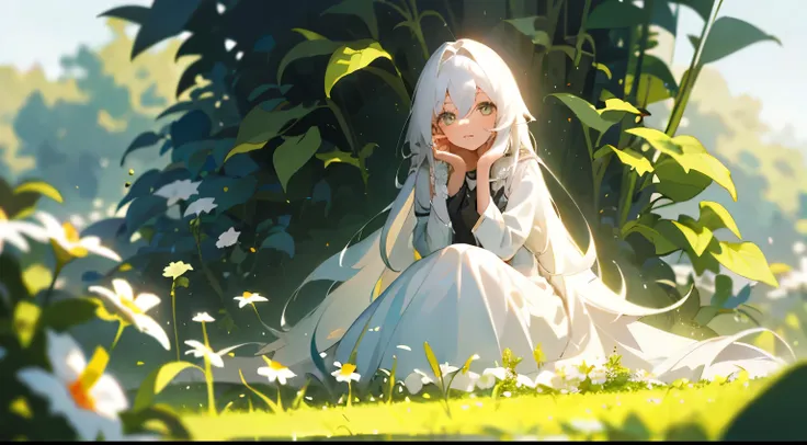 (masterpiece, best quality),1girl with long white hair sitting in a field of green plants and flowers, her hand under her chin, warm lighting, white dress, blurry foreground