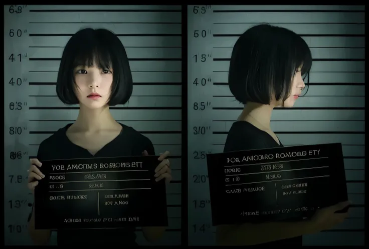 A young and pretty Korean girl cries as her jail mugshots are taken. Two images side by side. Very pretty young model girl. Tears and masquera run down her cheeks from crying. Her nose is red from crying. She looks like ITZYs RyuJin the famous k-pop girl....