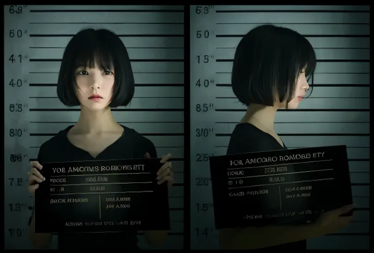 a young and pretty korean girl cries as her jail mugshots are taken. two images side by side. very pretty young model  girl. tea...